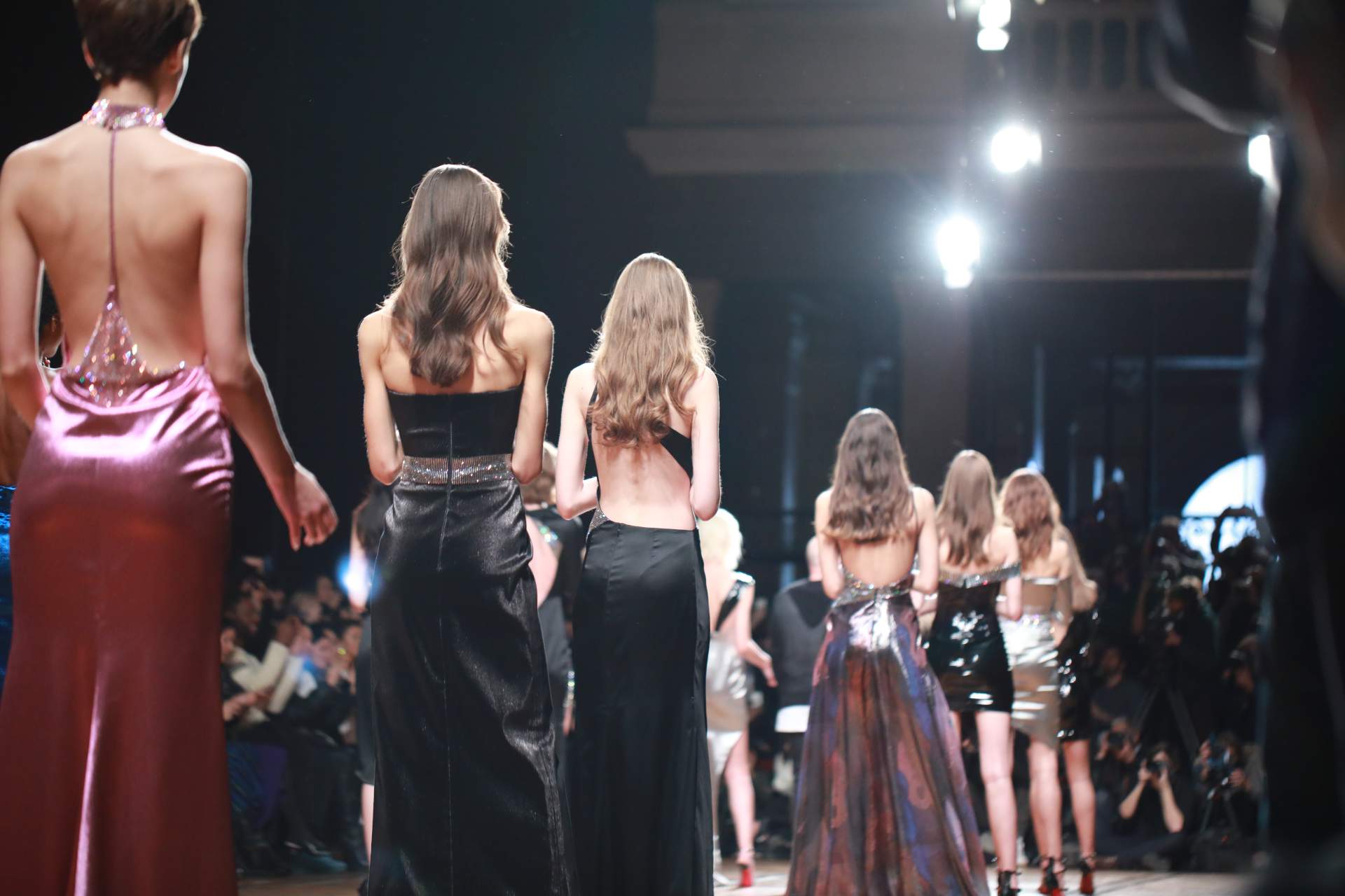 models from the back in fancy Galiya Lahav dresees in runway fashion photographer in paris PFW